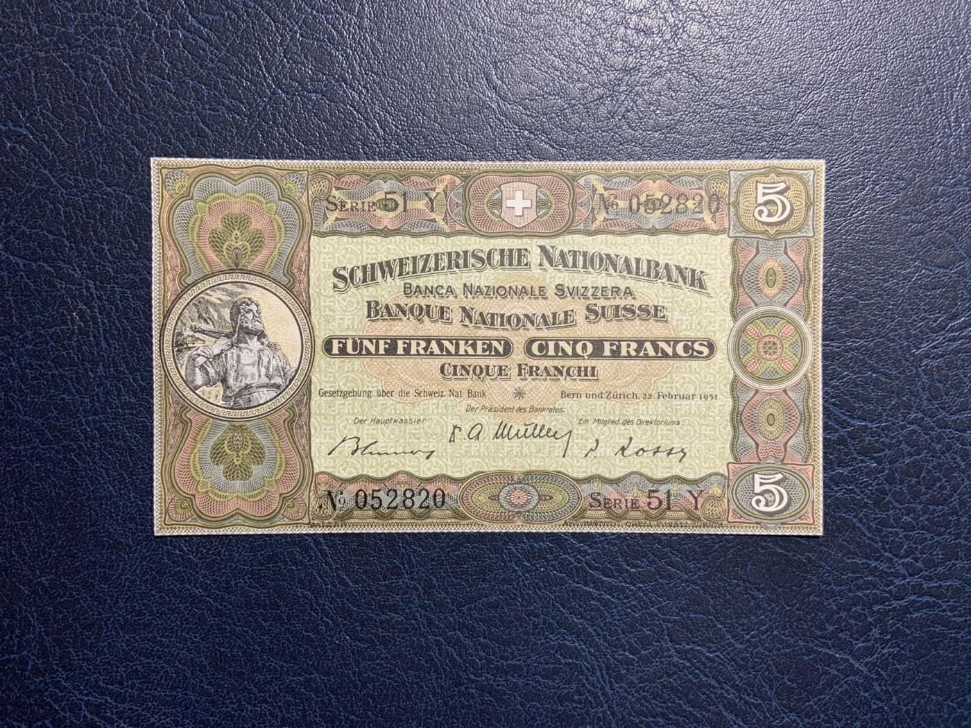 收藏联盟Quantum Auction 第316期拍卖  瑞士央行1951年5法郎 品相UNC 轻微点钞痕 号码无347 少见低面值