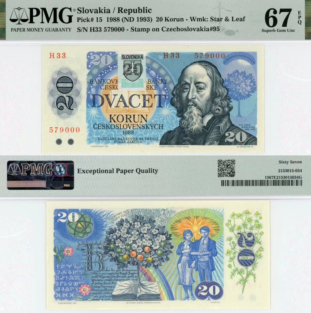 【Blue Auction】✨世界纸币精拍第415期——北欧&中欧专场 【000豹子号】斯洛伐克 1993年20克朗 PMG67EPQ 