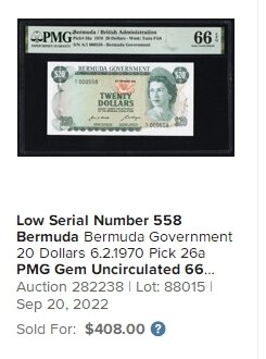 【Blue Auction】✨世界纸币精拍第413期【精】 【A/1首发冠 75极小号少见】百慕大 1970年20元 PMG66EPQ 高冠女王 背面大场景 老壳子 