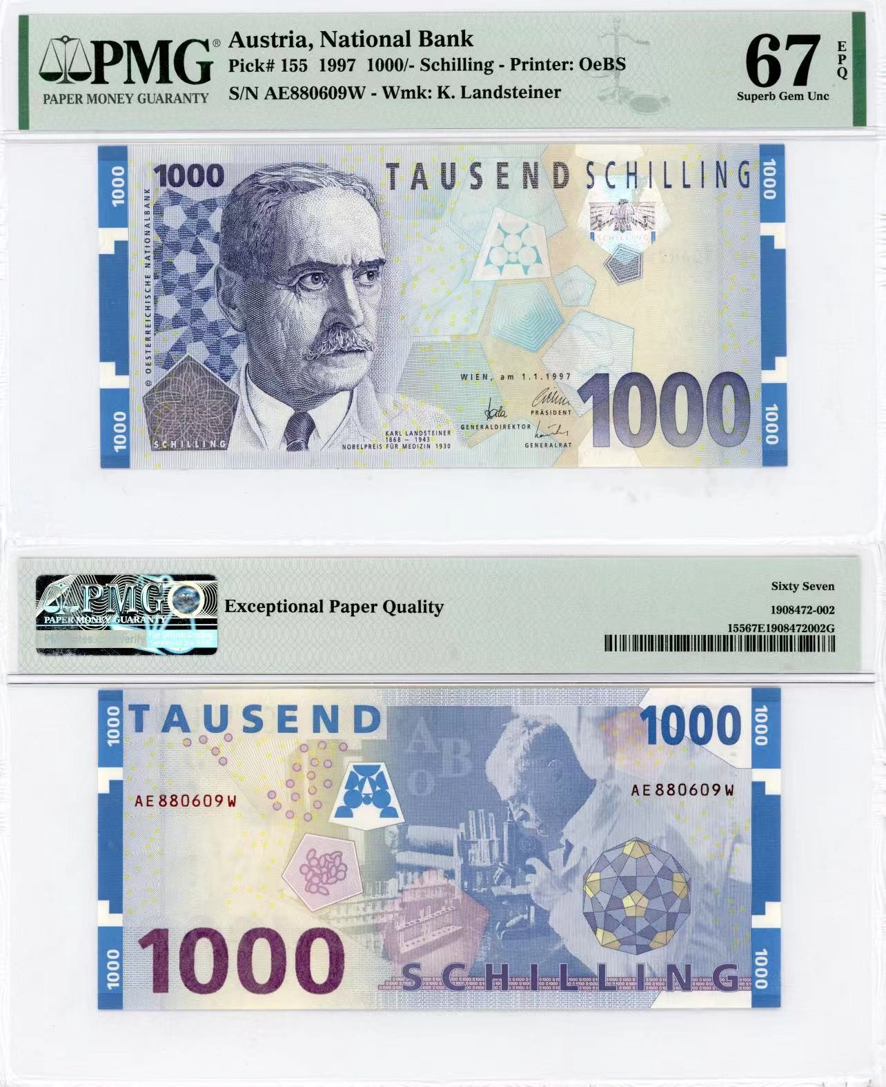 【Blue Auction】✨世界纸币精拍第415期——北欧&中欧专场 【倒置号】奥地利 1985年1000先令 PMG67EPQ 