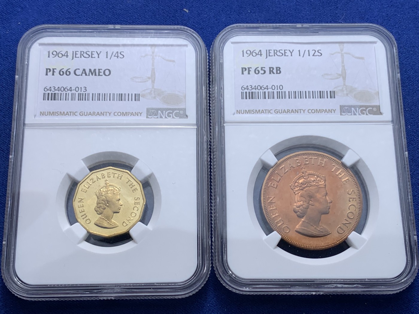 《竞宝斋》第232场-周日，周一 2场 (全场包邮) 2枚一组 NGC-PF65-66 英属泽西岛1964年精制铜币 1/4S+1/12S 高分难得 十分精美