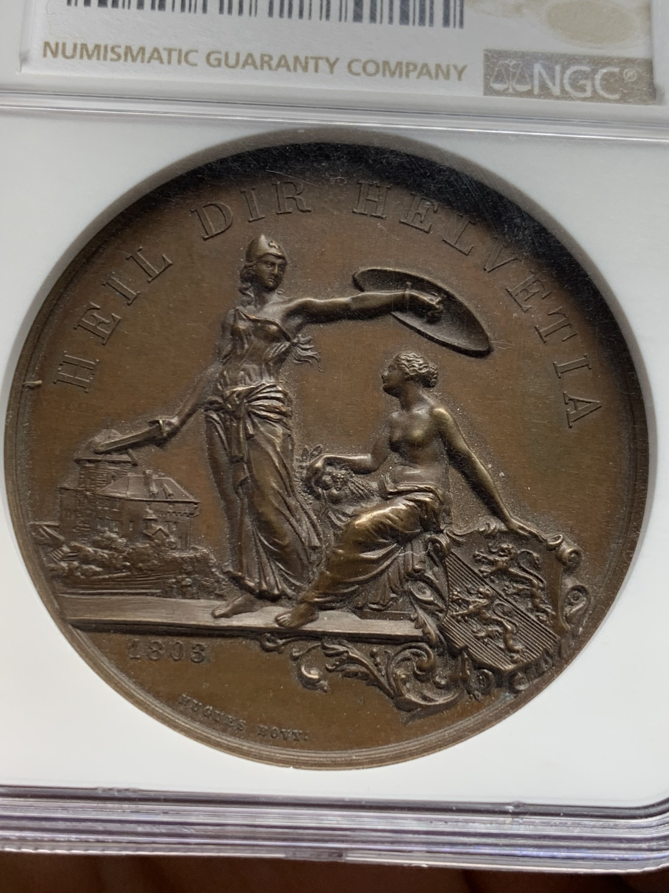 《竞宝斋》第232场-周日，周一 2场 (全场包邮) NGC MS63BN 1890年瑞士弗劳恩菲尔德射击节 美女与野兽高浮雕铜章 热门经典 细节极好 加厚盒子