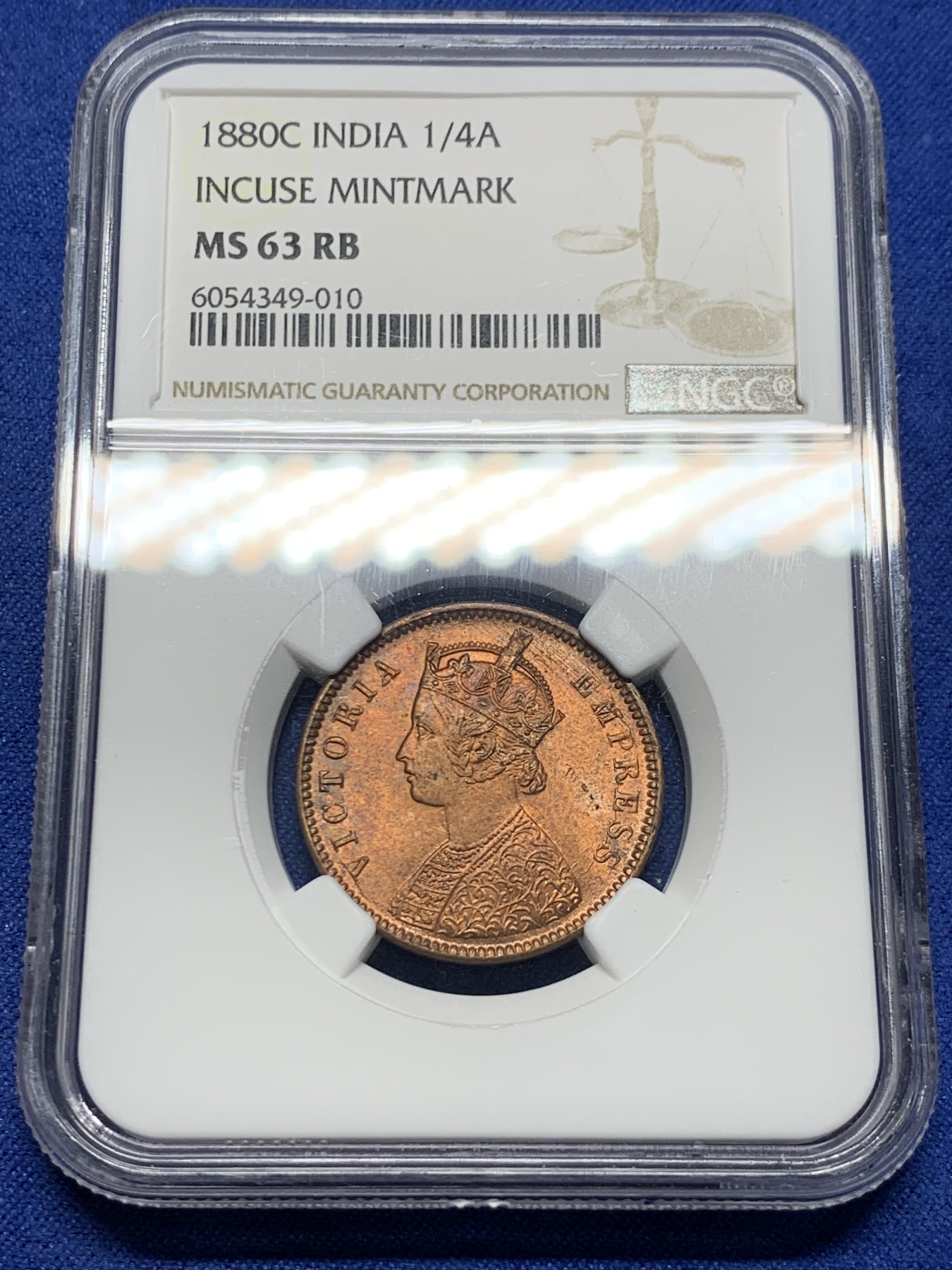 《竞宝斋》第232场-周日，周一 2场 (全场包邮) NGC MS63RB 英属印度1880年1/4安娜铜币 少见版本