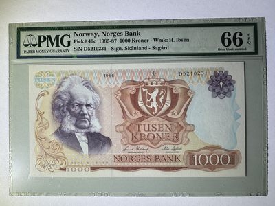 【Blue Auction】✨世界纸币精拍第416期【精】 - 【无47】挪威 1985-87年1000克朗 易卜生 PMG66EPQ 设计精美