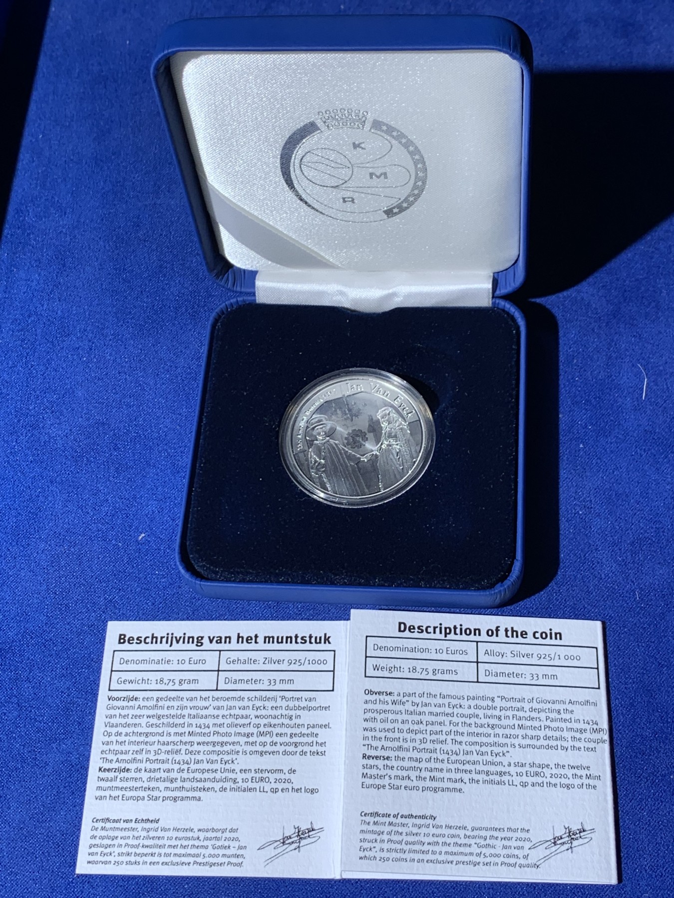 《竞宝斋》第232场-周日，周一 2场 (全场包邮) 比利时获奖币（21年硬币之星年度银币第三） 杨.凡.艾克《阿尔诺芬尼夫妇像》银币-10欧 带盒证  925银 发行量5000枚