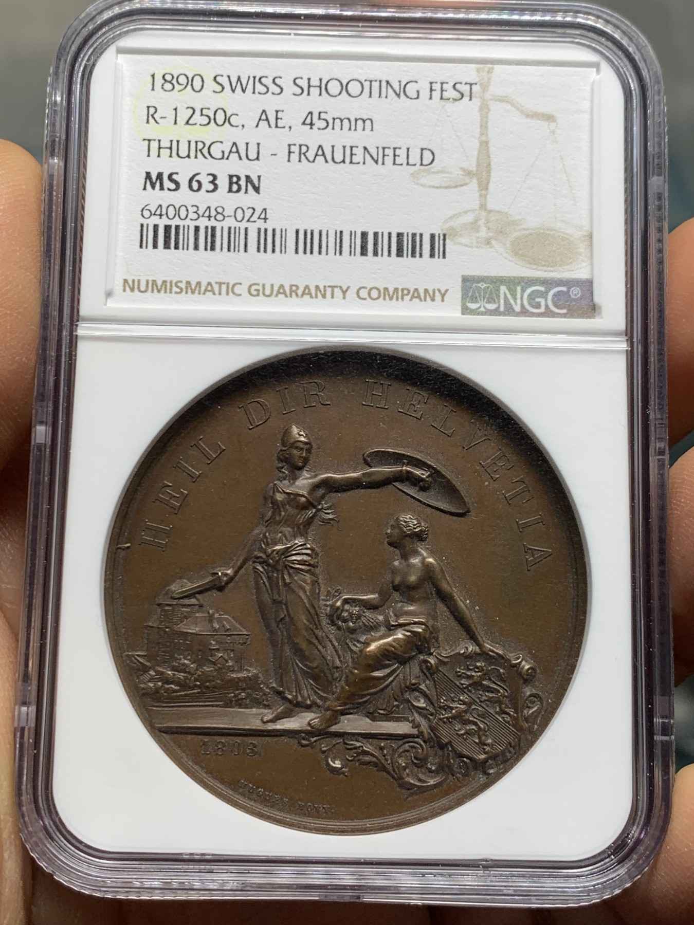 《竞宝斋》第232场-周日，周一 2场 (全场包邮) NGC MS63BN 1890年瑞士弗劳恩菲尔德射击节 美女与野兽高浮雕铜章 热门经典 细节极好 加厚盒子