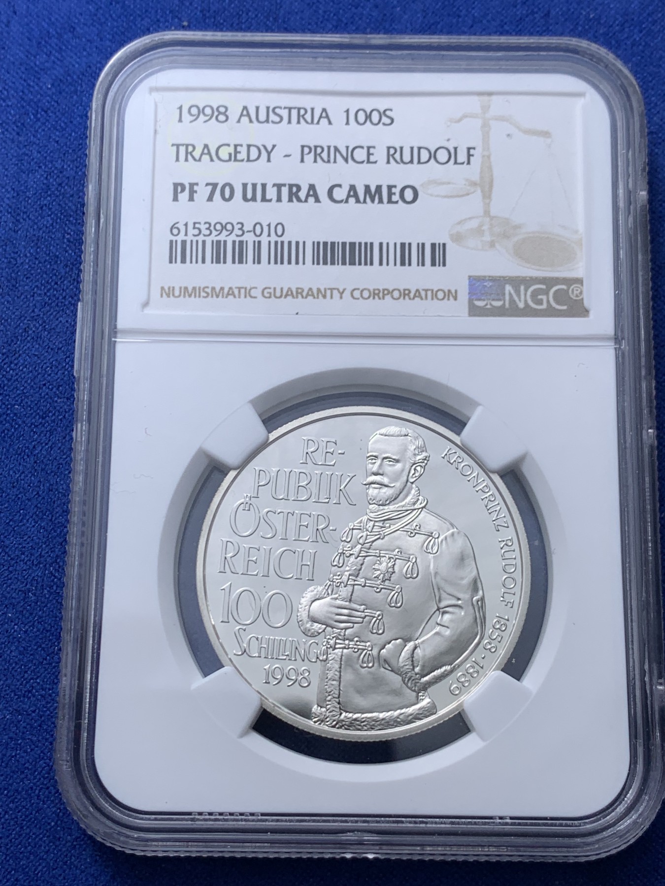 《竞宝斋》第232场-周日，周一 2场 (全场包邮) NGC PF70UC 奥地利1998年哈布斯堡匈牙利和波西米亚鲁道夫王储纪念精制100先令银币 带原盒证 唯一冠军分