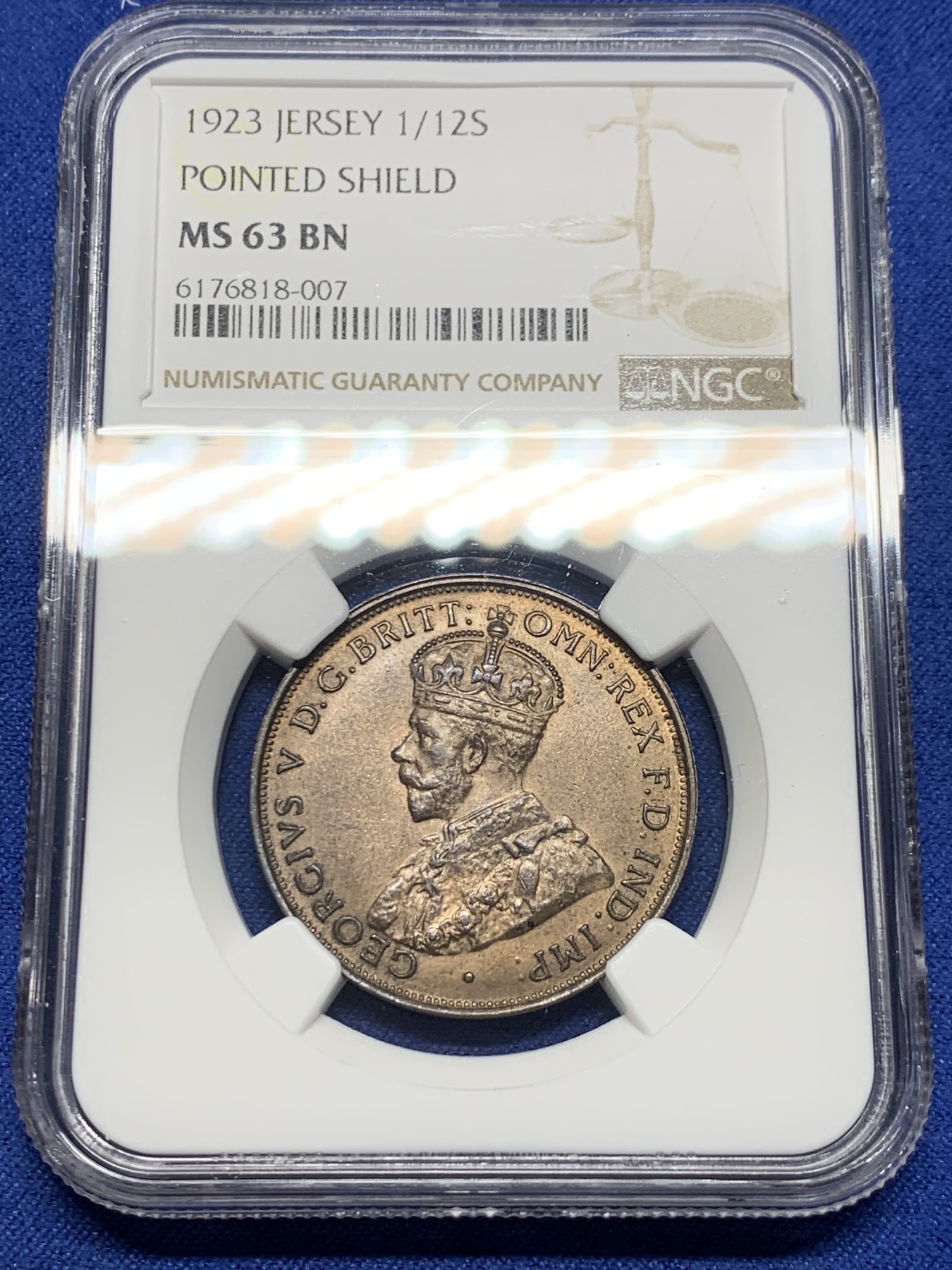 《竞宝斋》第232场-周日，周一 2场 (全场包邮) NGC MS63BN 英属泽西岛1923年乔治五世1/12先令铜币