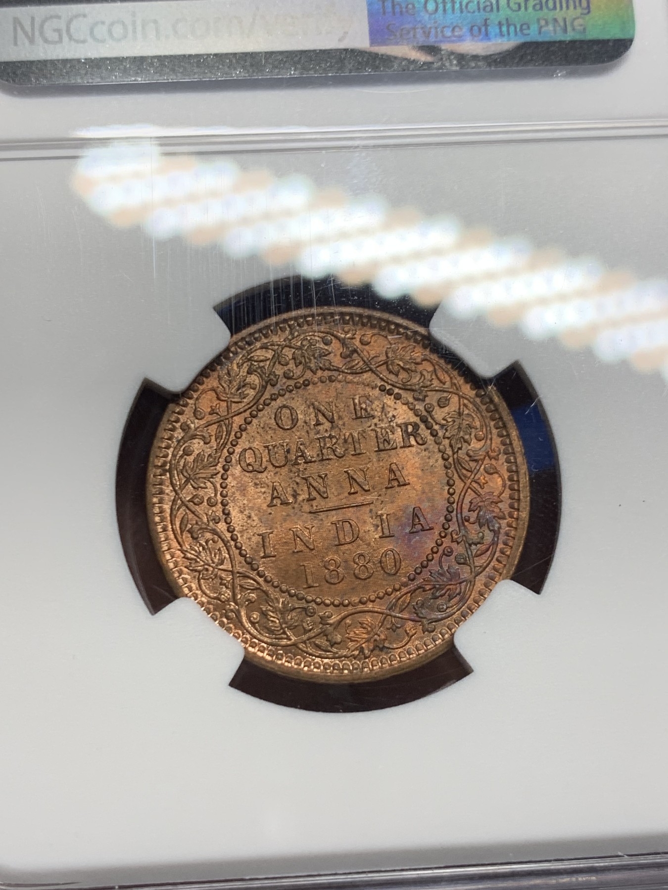 《竞宝斋》第232场-周日，周一 2场 (全场包邮) NGC MS63RB 英属印度1880年1/4安娜铜币 少见版本