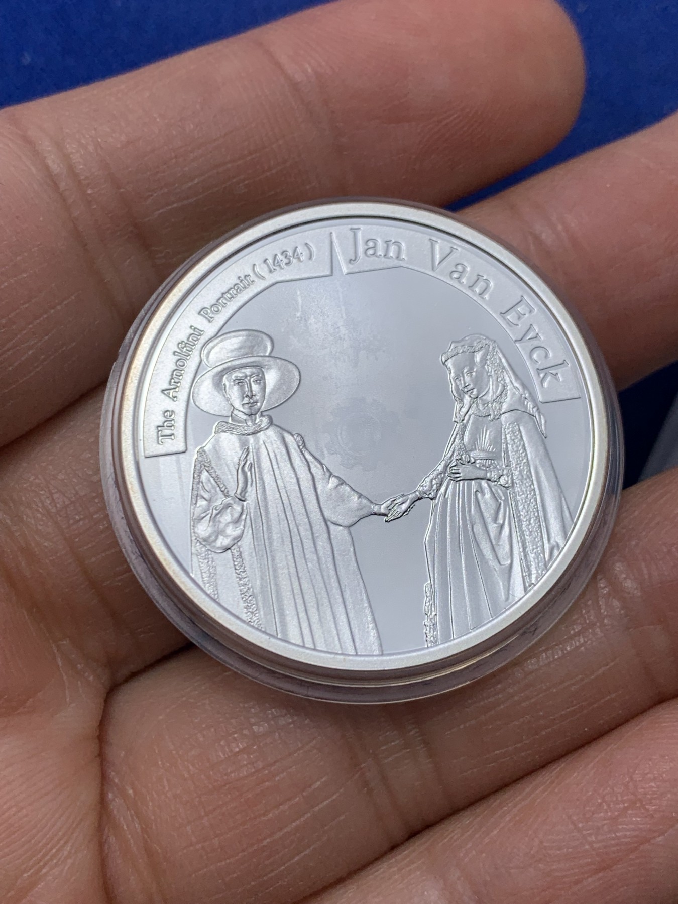 《竞宝斋》第232场-周日，周一 2场 (全场包邮) 比利时获奖币（21年硬币之星年度银币第三） 杨.凡.艾克《阿尔诺芬尼夫妇像》银币-10欧 带盒证  925银 发行量5000枚