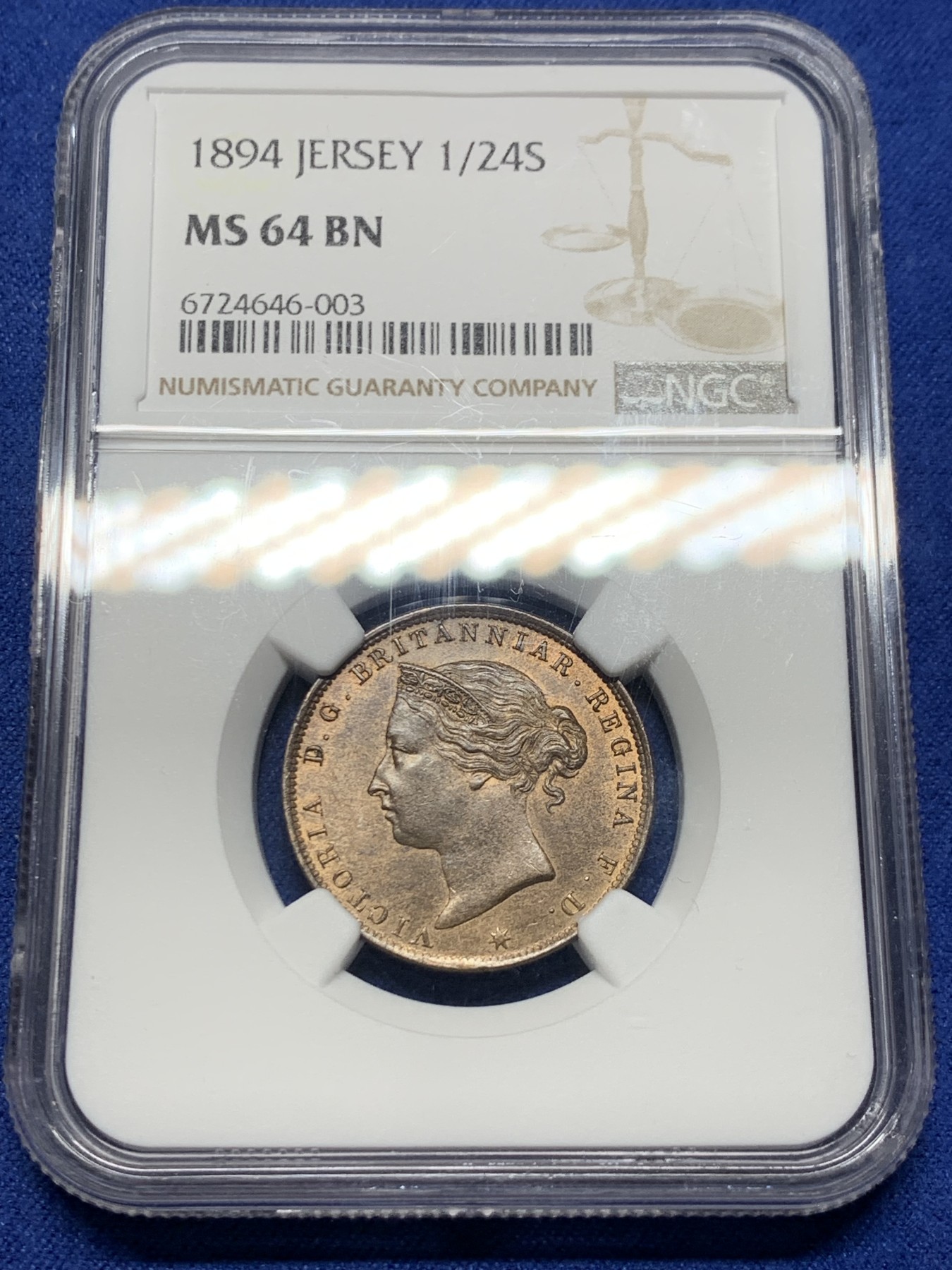 《竞宝斋》第232场-周日，周一 2场 (全场包邮) NGC MS64BN 英属泽西岛1894年1/24先令铜币 亚军分