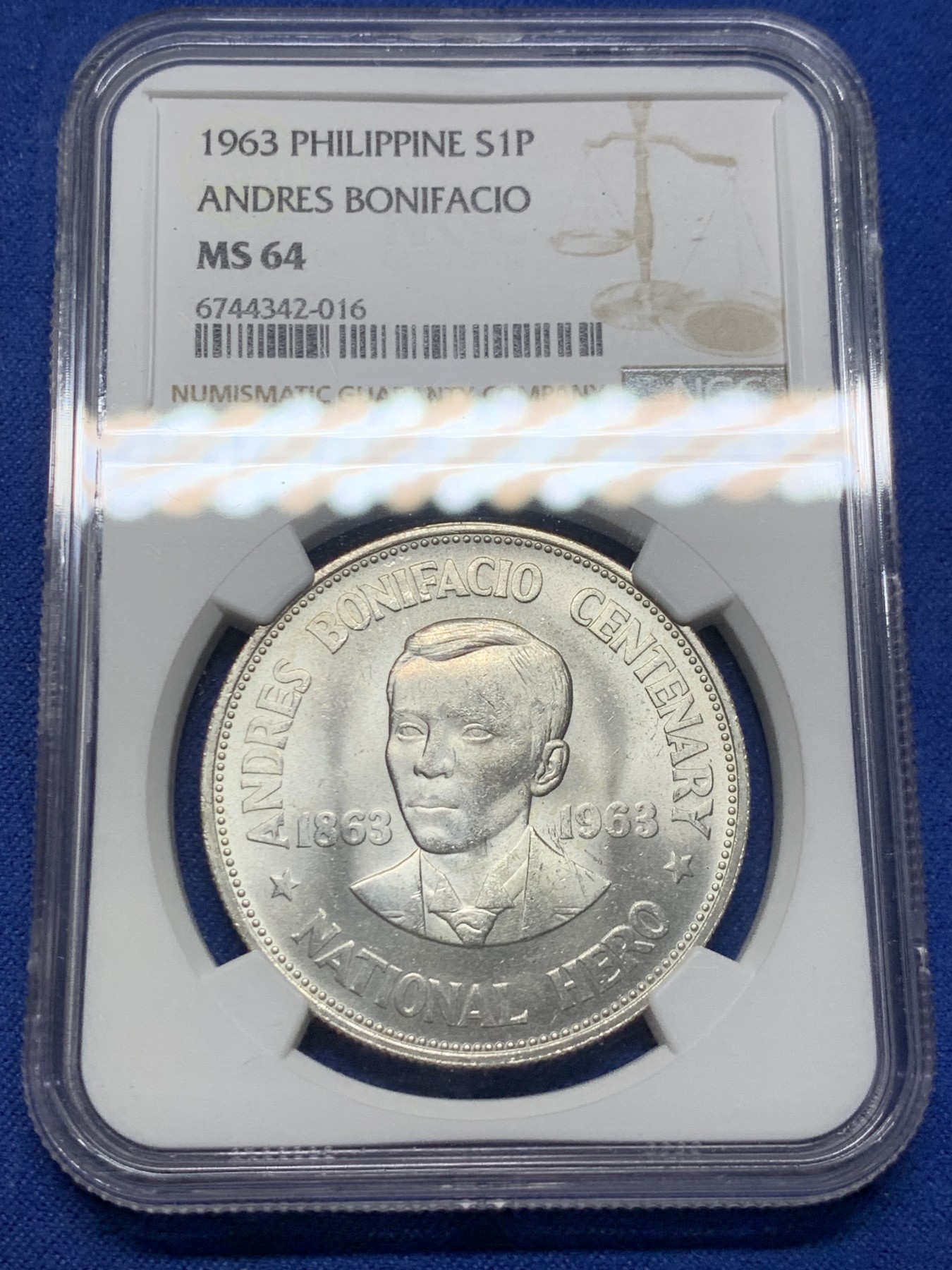《竞宝斋》第232场-周日，周一 2场 (全场包邮) NGC MS64 菲律宾1963年独立领导人波尼斯奥纪念大银币