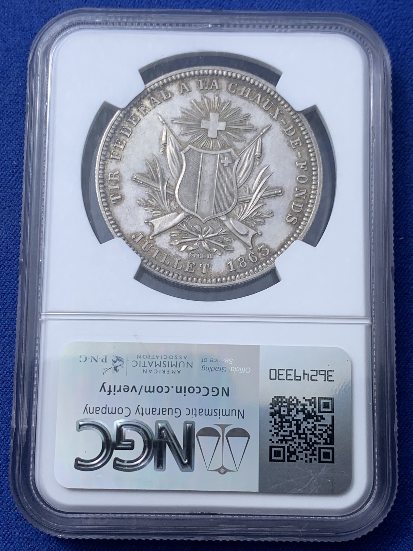 《竞宝斋》第232场-周日，周一 2场 (全场包邮) NGC-UNC 1863 瑞士射击5法郎银币  底板光洁 细节好 性价比之选