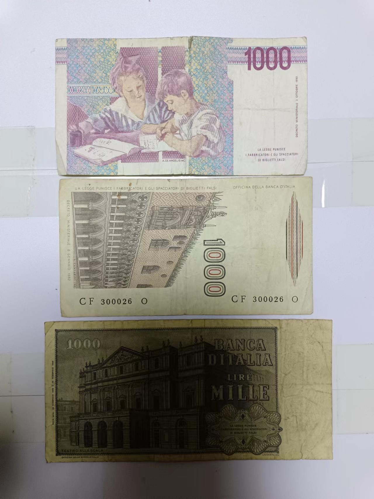【20240108】非全新纸币第105场 意大利1000里拉3种不同版本，有裂缝和字迹