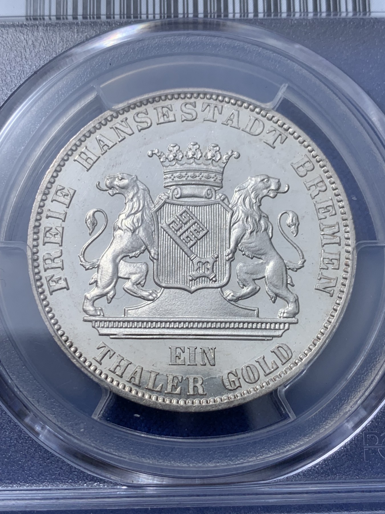 《竞宝斋》第232场-周日，周一 2场 (全场包邮) PCGS MS66PL 德国1865 不来梅自由市射击节泰勒 发行量5万枚，经典的双狮和哥特钥匙徽章，顶级品相，完美镜面状态，p记冠军分