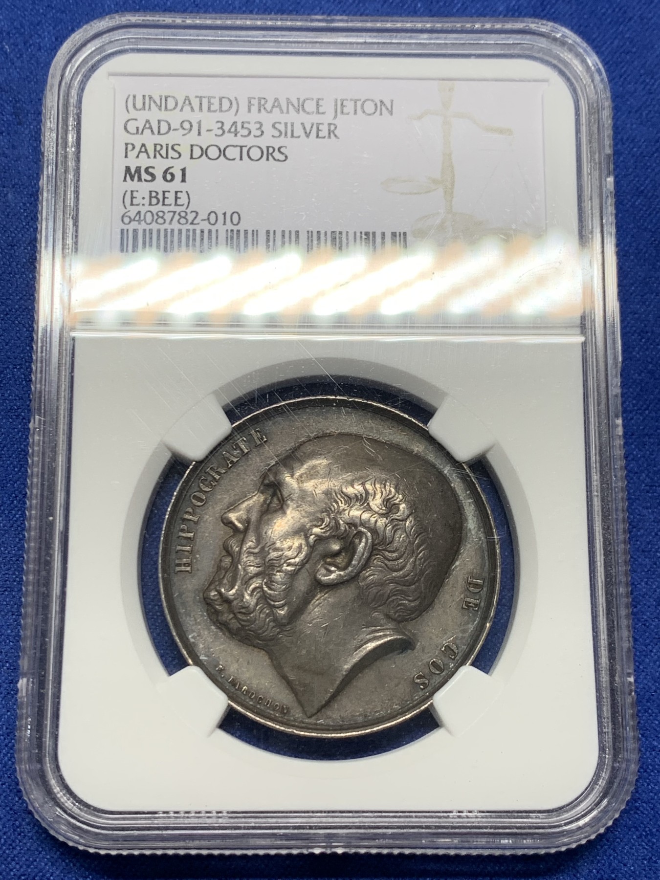 《竞宝斋》第232场-周日，周一 2场 (全场包邮) NGC MS61 法国 第三帝国 巴黎医生 银质圆形代币 深彩包浆 少见品种