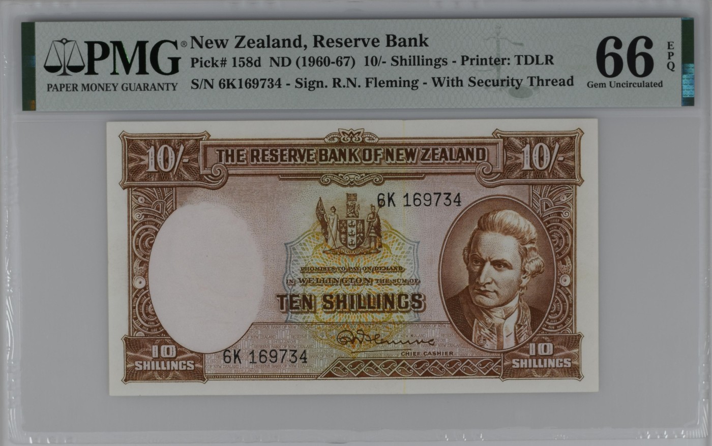 收藏联盟Quantum Auction 第316期拍卖  新西兰 ND (1960-67) 年10先令 PMG66 几维鸟 唐怀伊条约