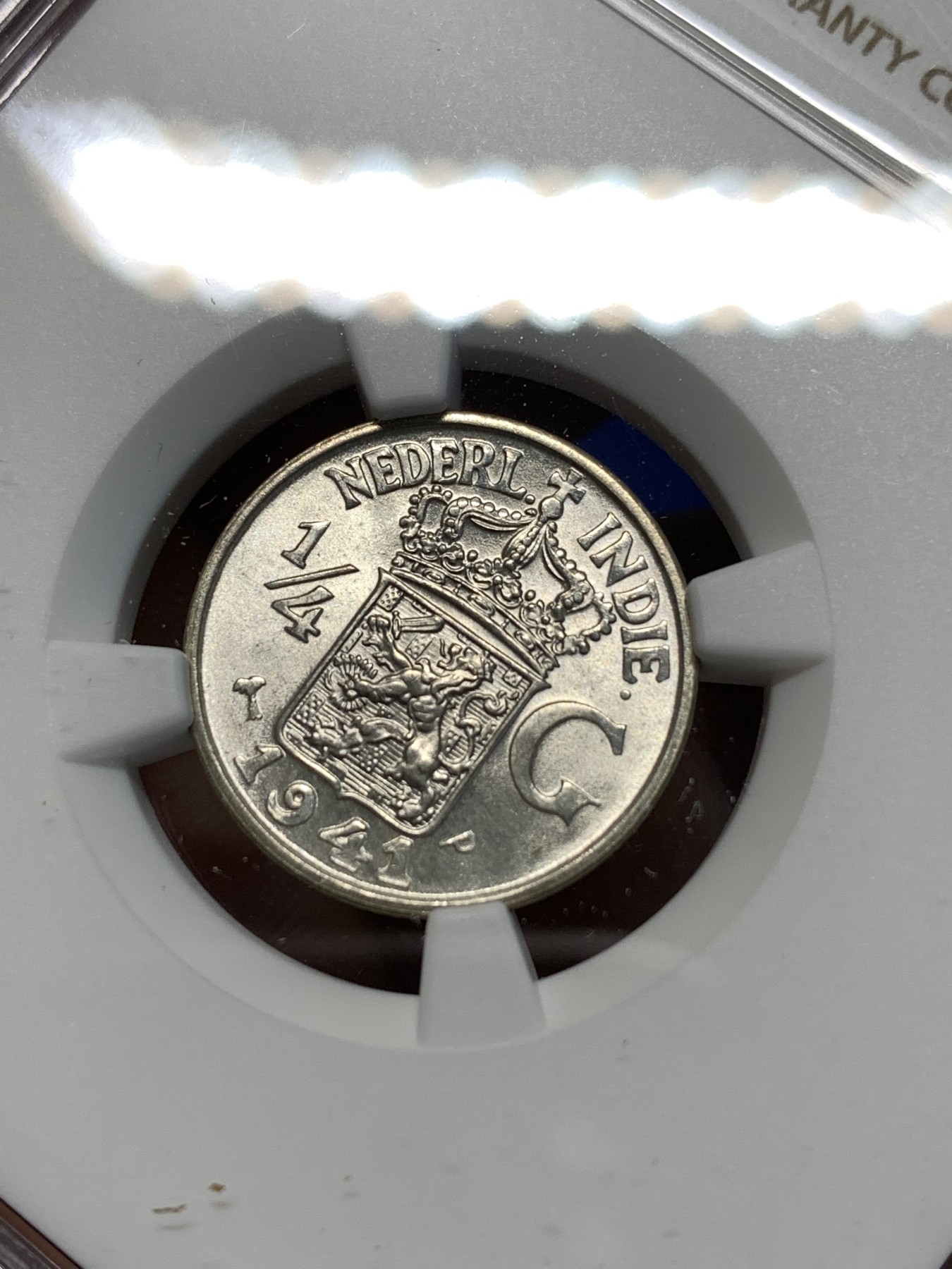 《竞宝斋》第232场-周日，周一 2场 (全场包邮) NGC MS65 荷属东印度群岛（今印尼）1941年1/4盾银币 原卷拆评级