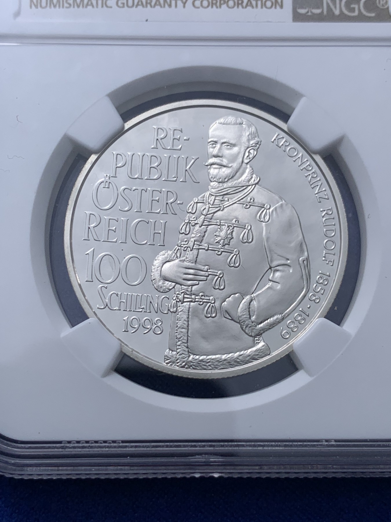 《竞宝斋》第232场-周日，周一 2场 (全场包邮) NGC PF70UC 奥地利1998年哈布斯堡匈牙利和波西米亚鲁道夫王储纪念精制100先令银币 带原盒证 唯一冠军分