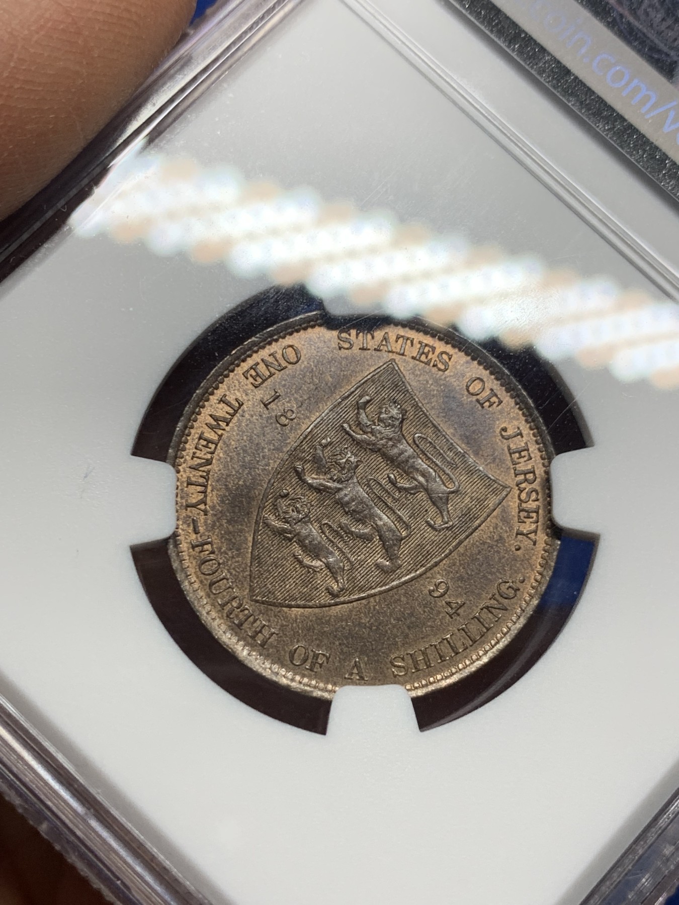 《竞宝斋》第232场-周日，周一 2场 (全场包邮) NGC MS64BN 英属泽西岛1894年1/24先令铜币 亚军分