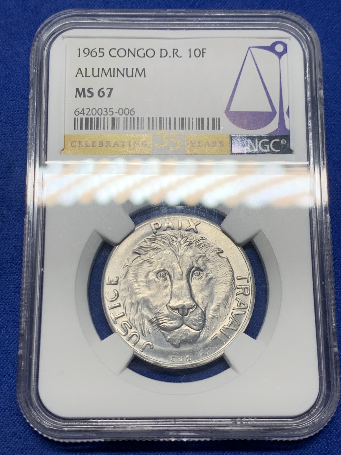 《竞宝斋》第232场-周日，周一 2场 (全场包邮) NGC  MS67 刚果 1965年10法郎   冠军分  稀少高分