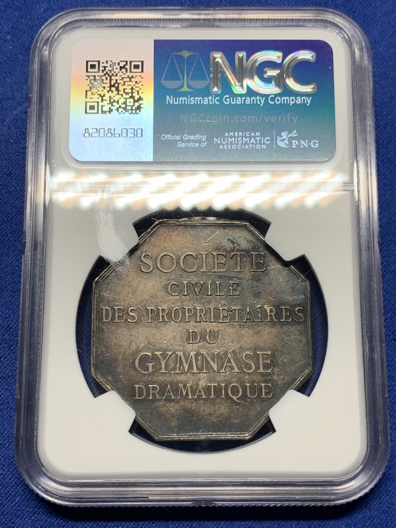 《竞宝斋》第232场-周日，周一 2场 (全场包邮) NGC MS61 法国剧场体育馆八角银质代币 37mm大规格 双面深彩包浆 细节惊人 首拍品种