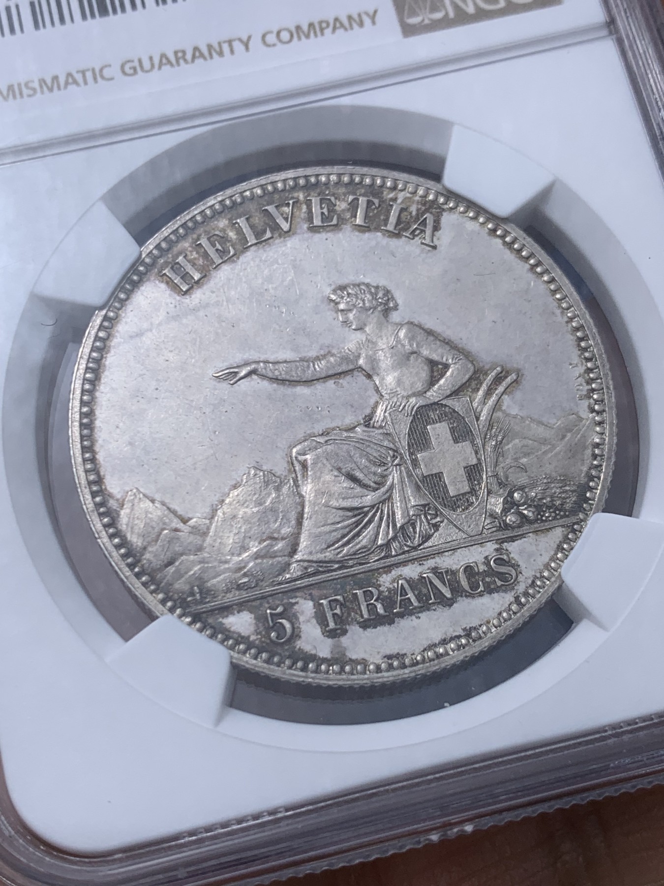 《竞宝斋》第232场-周日，周一 2场 (全场包邮) NGC-UNC 1863 瑞士射击5法郎银币  底板光洁 细节好 性价比之选