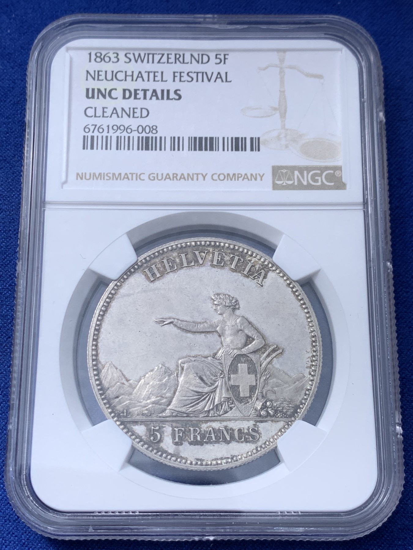 《竞宝斋》第232场-周日，周一 2场 (全场包邮) NGC-UNC 1863 瑞士射击5法郎银币  底板光洁 细节好 性价比之选