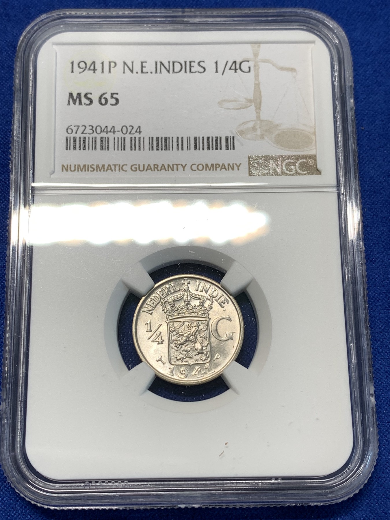 《竞宝斋》第232场-周日，周一 2场 (全场包邮) NGC MS65 荷属东印度群岛（今印尼）1941年1/4盾银币 原卷拆评级