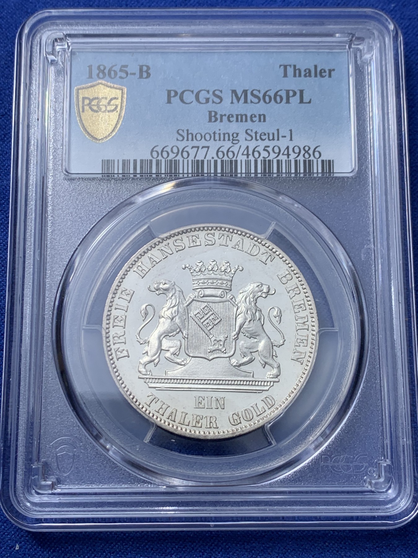 《竞宝斋》第232场-周日，周一 2场 (全场包邮) PCGS MS66PL 德国1865 不来梅自由市射击节泰勒 发行量5万枚，经典的双狮和哥特钥匙徽章，顶级品相，完美镜面状态，p记冠军分