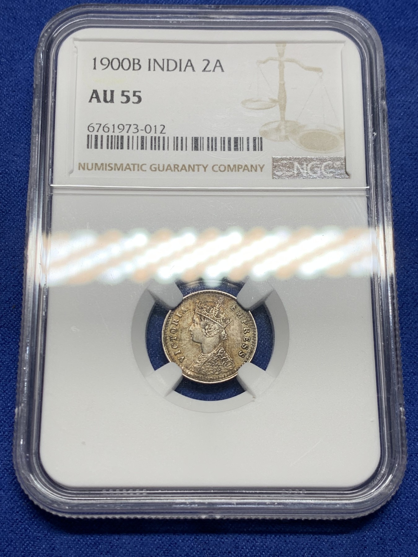 《竞宝斋》第232场-周日，周一 2场 (全场包邮) NGC AU55 英属印度1900年2安娜银币 老包浆