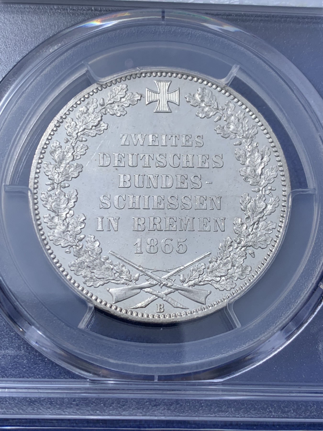《竞宝斋》第232场-周日，周一 2场 (全场包邮) PCGS MS66PL 德国1865 不来梅自由市射击节泰勒 发行量5万枚，经典的双狮和哥特钥匙徽章，顶级品相，完美镜面状态，p记冠军分