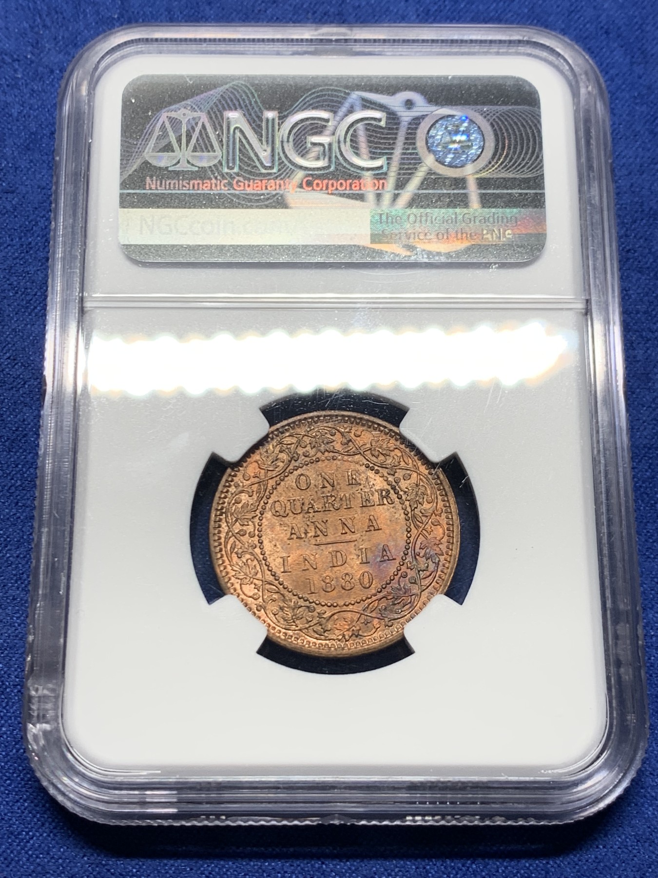 《竞宝斋》第232场-周日，周一 2场 (全场包邮) NGC MS63RB 英属印度1880年1/4安娜铜币 少见版本