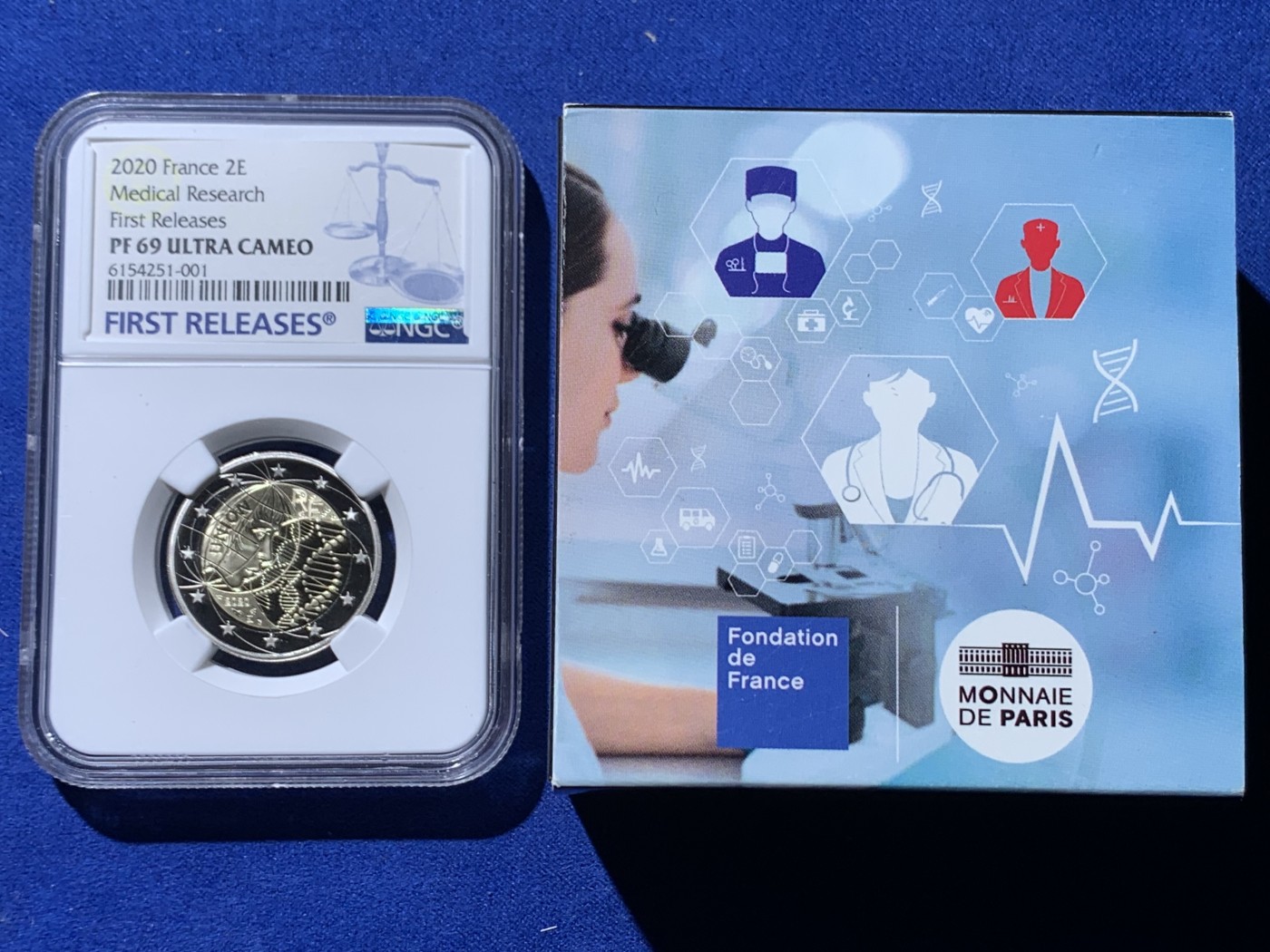 《竞宝斋》第232场-周日，周一 2场 (全场包邮) NGC-PF69UC 法国2020年医学研究2欧精制纪念币 首期蓝标 盒证齐全