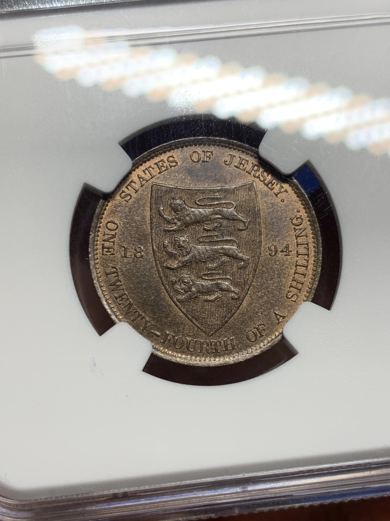 《竞宝斋》第232场-周日，周一 2场 (全场包邮) NGC MS64BN 英属泽西岛1894年1/24先令铜币 亚军分