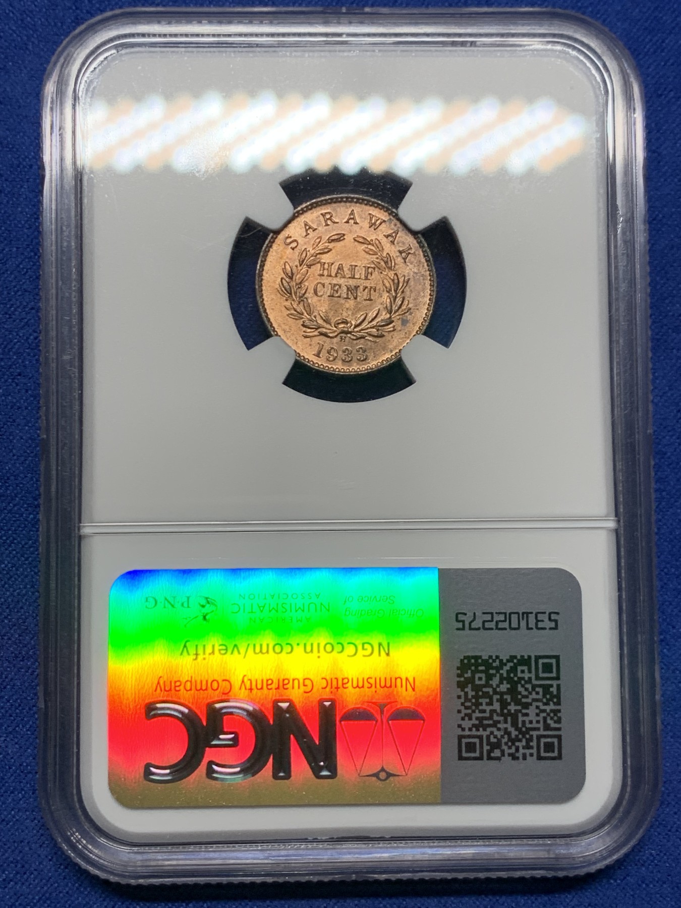 《竞宝斋》第232场-周日，周一 2场 (全场包邮) NGC MS63RB 沙捞越1933年1/2C铜币 少见好品