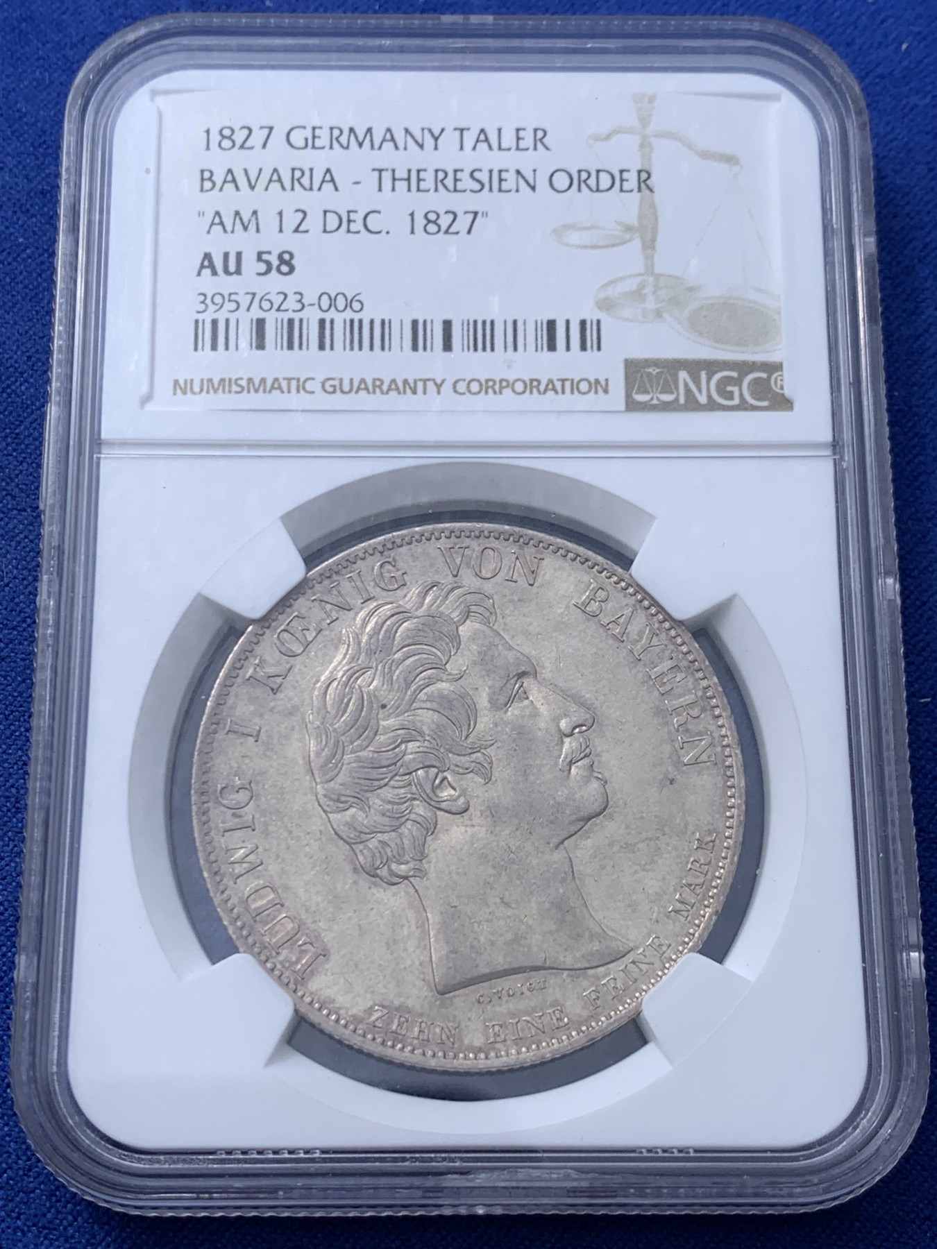 《竞宝斋》第232场-周日，周一 2场 (全场包邮) NGC AU58 德国 1827 巴伐利亚 路德维希一世 特蕾莎勋章创立 泰勒大银币 极少品种