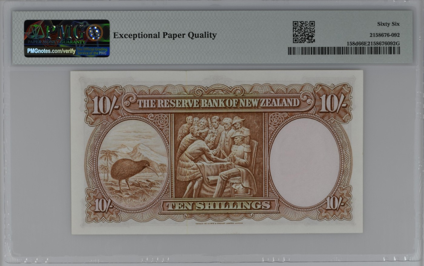 收藏联盟Quantum Auction 第316期拍卖  新西兰 ND (1960-67) 年10先令 PMG66 几维鸟 唐怀伊条约