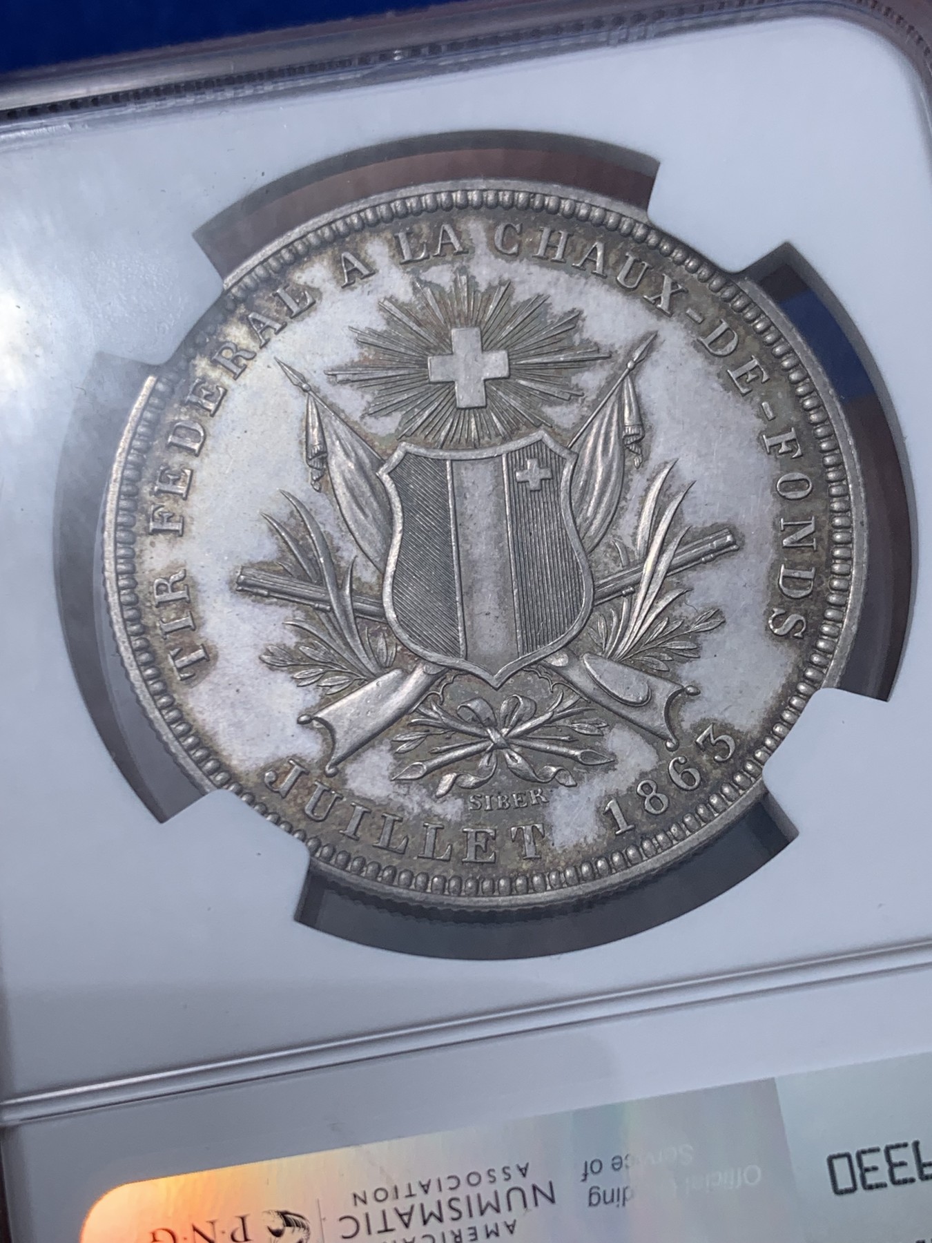 《竞宝斋》第232场-周日，周一 2场 (全场包邮) NGC-UNC 1863 瑞士射击5法郎银币  底板光洁 细节好 性价比之选