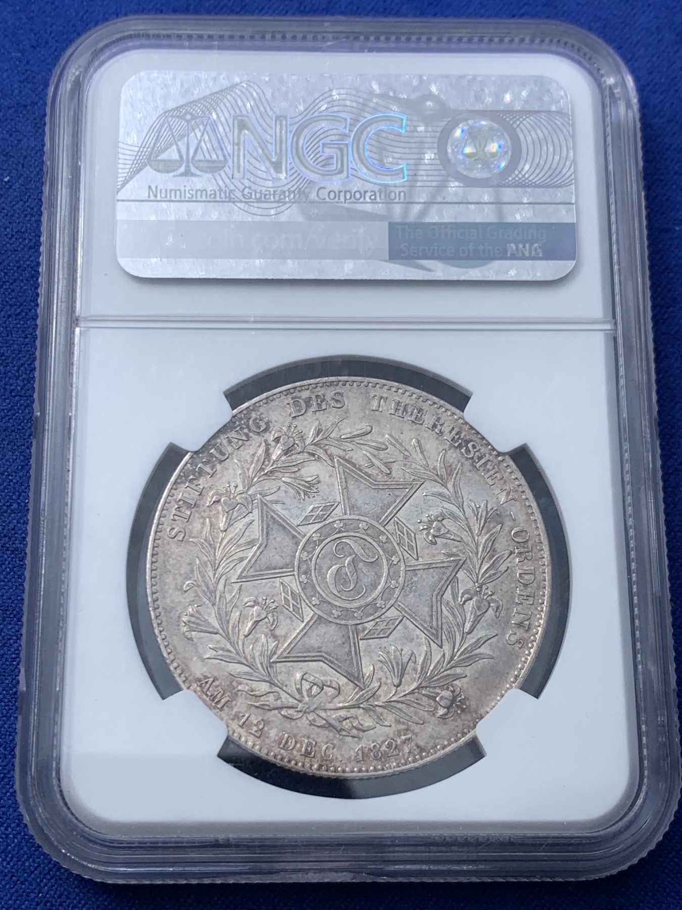 《竞宝斋》第232场-周日，周一 2场 (全场包邮) NGC AU58 德国 1827 巴伐利亚 路德维希一世 特蕾莎勋章创立 泰勒大银币 极少品种