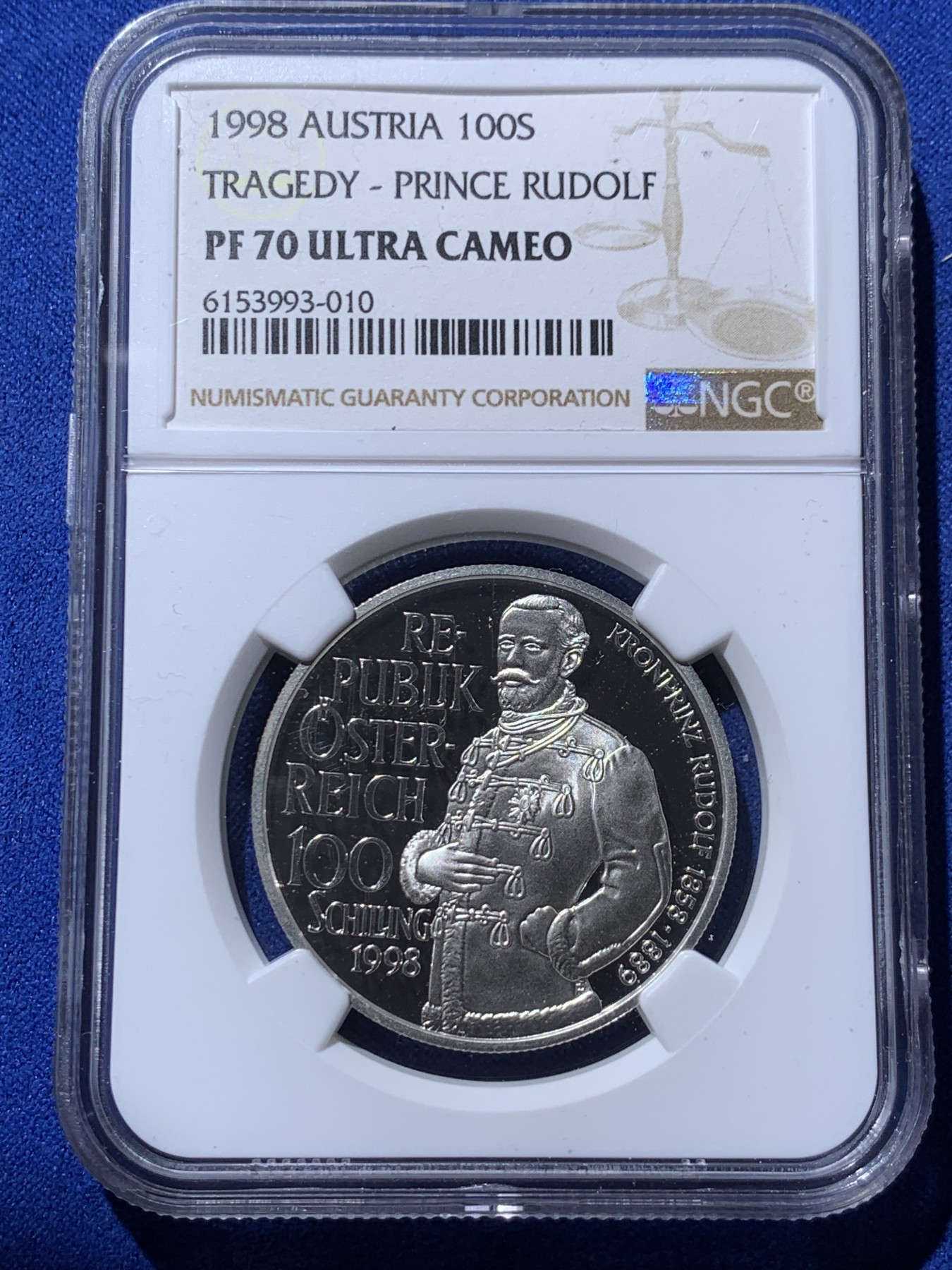 《竞宝斋》第232场-周日，周一 2场 (全场包邮) NGC PF70UC 奥地利1998年哈布斯堡匈牙利和波西米亚鲁道夫王储纪念精制100先令银币 带原盒证 唯一冠军分