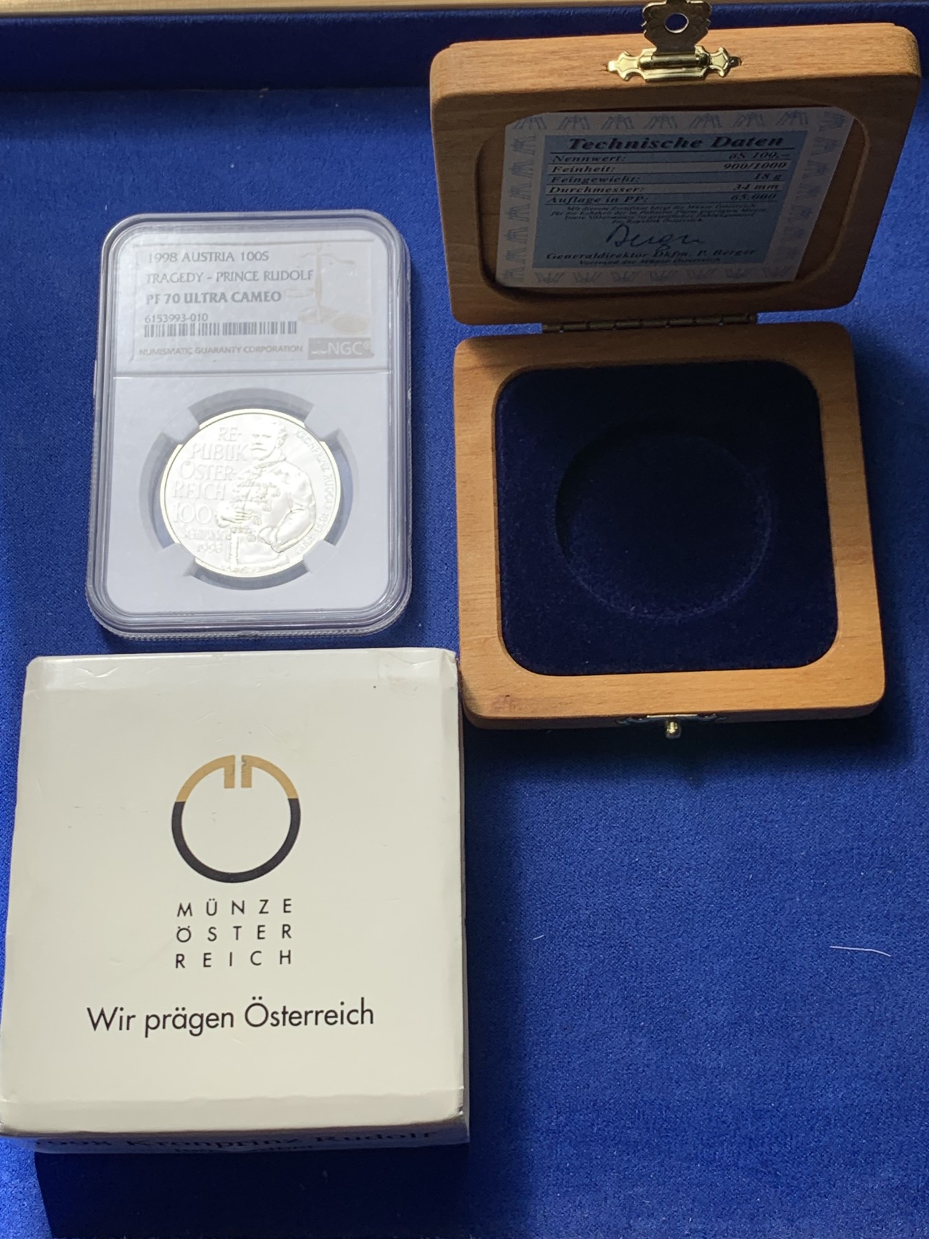 《竞宝斋》第232场-周日，周一 2场 (全场包邮) NGC PF70UC 奥地利1998年哈布斯堡匈牙利和波西米亚鲁道夫王储纪念精制100先令银币 带原盒证 唯一冠军分