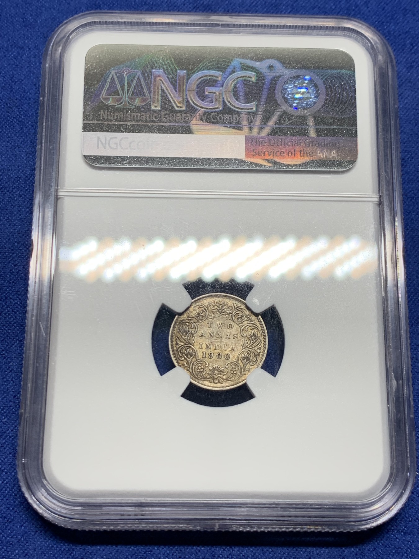 《竞宝斋》第232场-周日，周一 2场 (全场包邮) NGC AU55 英属印度1900年2安娜银币 老包浆