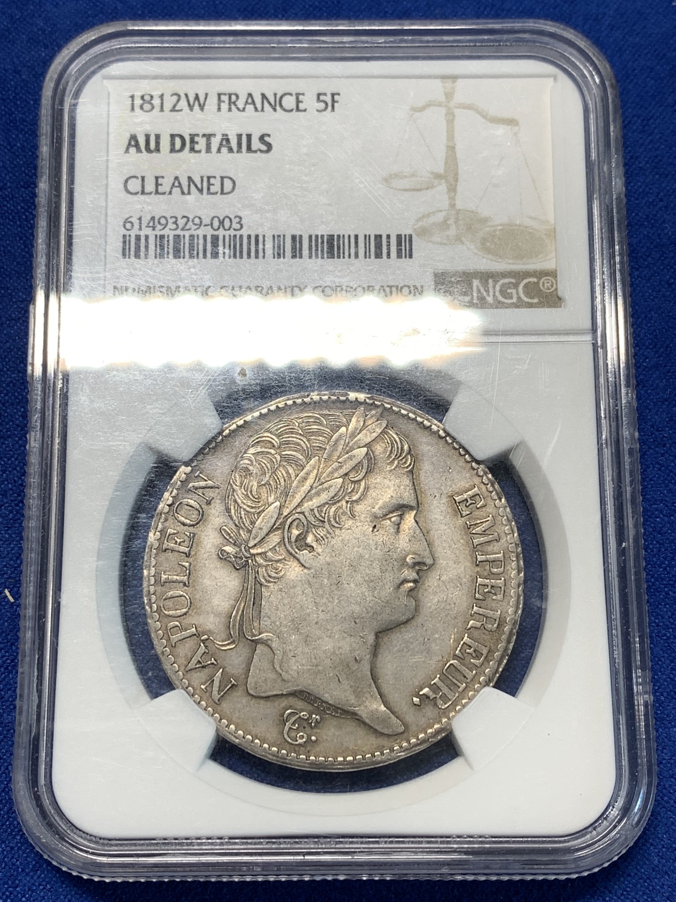 《竞宝斋》第232场-周日，周一 2场 (全场包邮) NGC AUD 法国1812年拿破仑一世5法郎银币 双面深打 细节非常好
