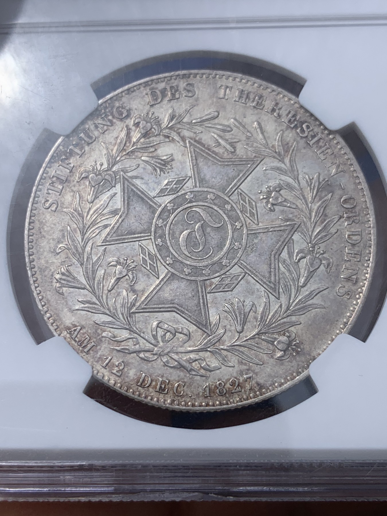 《竞宝斋》第232场-周日，周一 2场 (全场包邮) NGC AU58 德国 1827 巴伐利亚 路德维希一世 特蕾莎勋章创立 泰勒大银币 极少品种