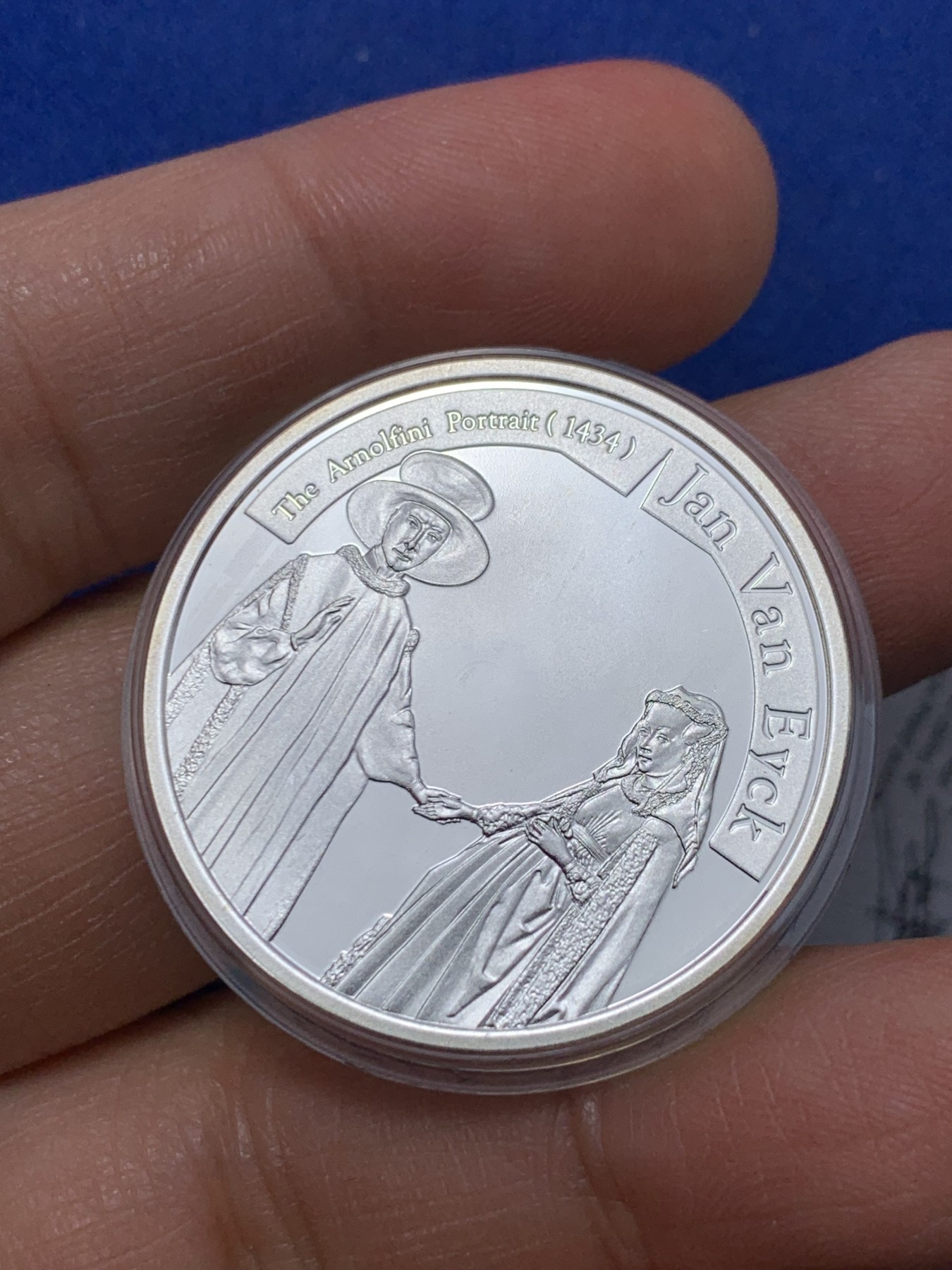 《竞宝斋》第232场-周日，周一 2场 (全场包邮) 比利时获奖币（21年硬币之星年度银币第三） 杨.凡.艾克《阿尔诺芬尼夫妇像》银币-10欧 带盒证  925银 发行量5000枚