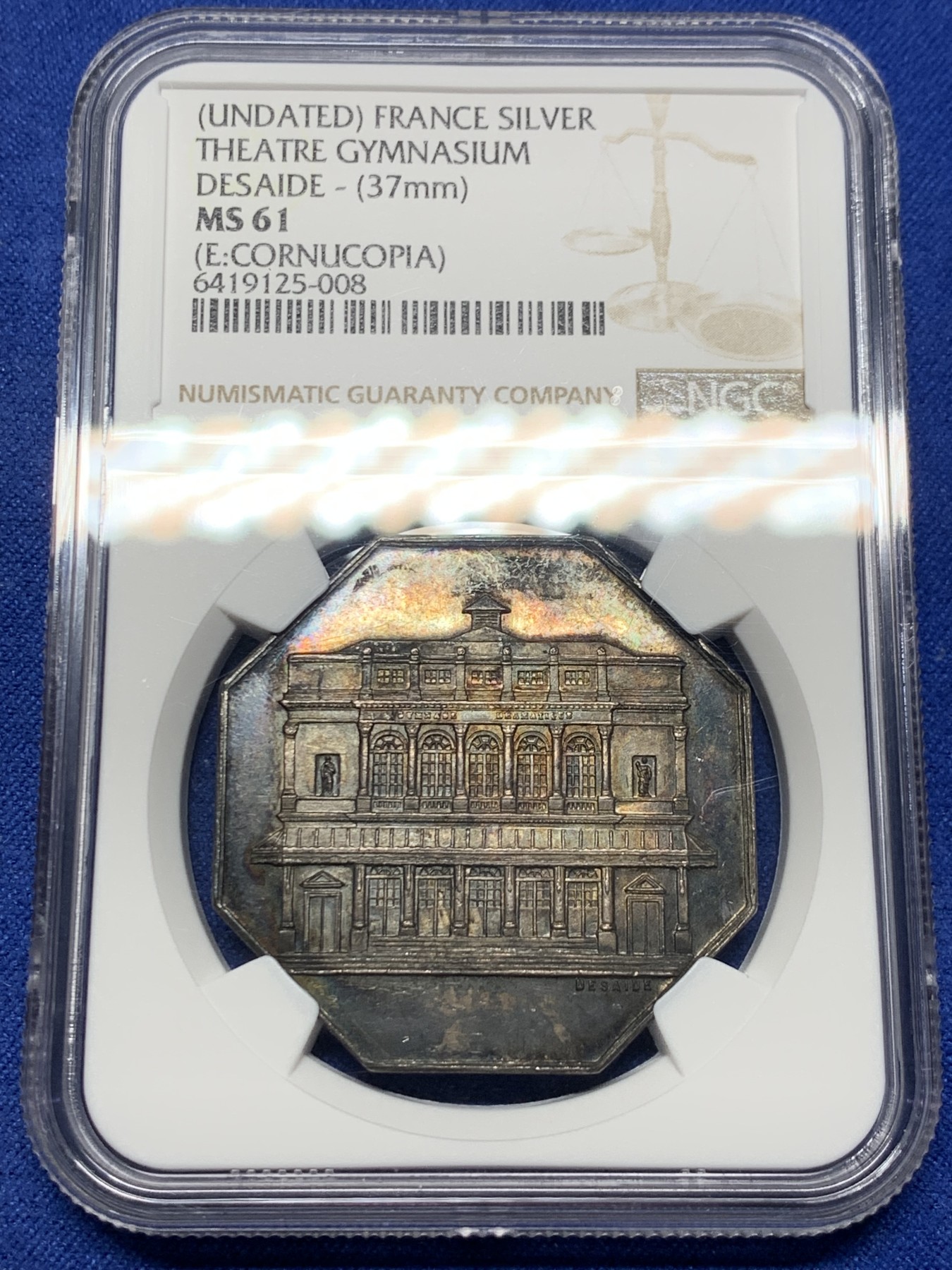 《竞宝斋》第232场-周日，周一 2场 (全场包邮) NGC MS61 法国剧场体育馆八角银质代币 37mm大规格 双面深彩包浆 细节惊人 首拍品种
