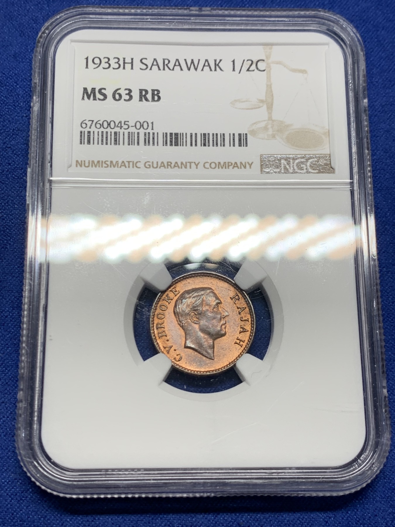 《竞宝斋》第232场-周日，周一 2场 (全场包邮) NGC MS63RB 沙捞越1933年1/2C铜币 少见好品