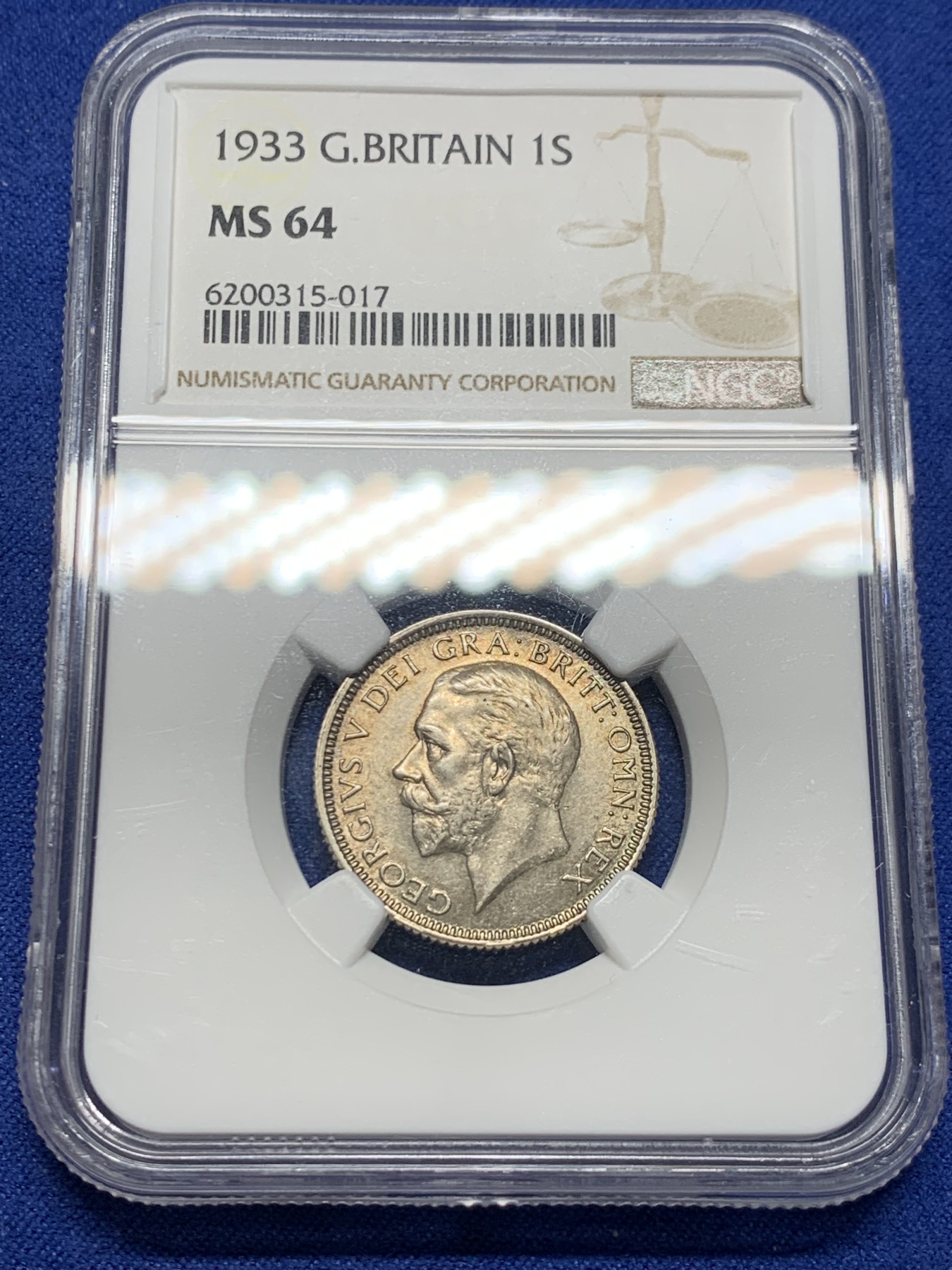 《竞宝斋》第232场-周日，周一 2场 (全场包邮) NGC MS64 英国1933年乔治五世1先令银币 亚军分