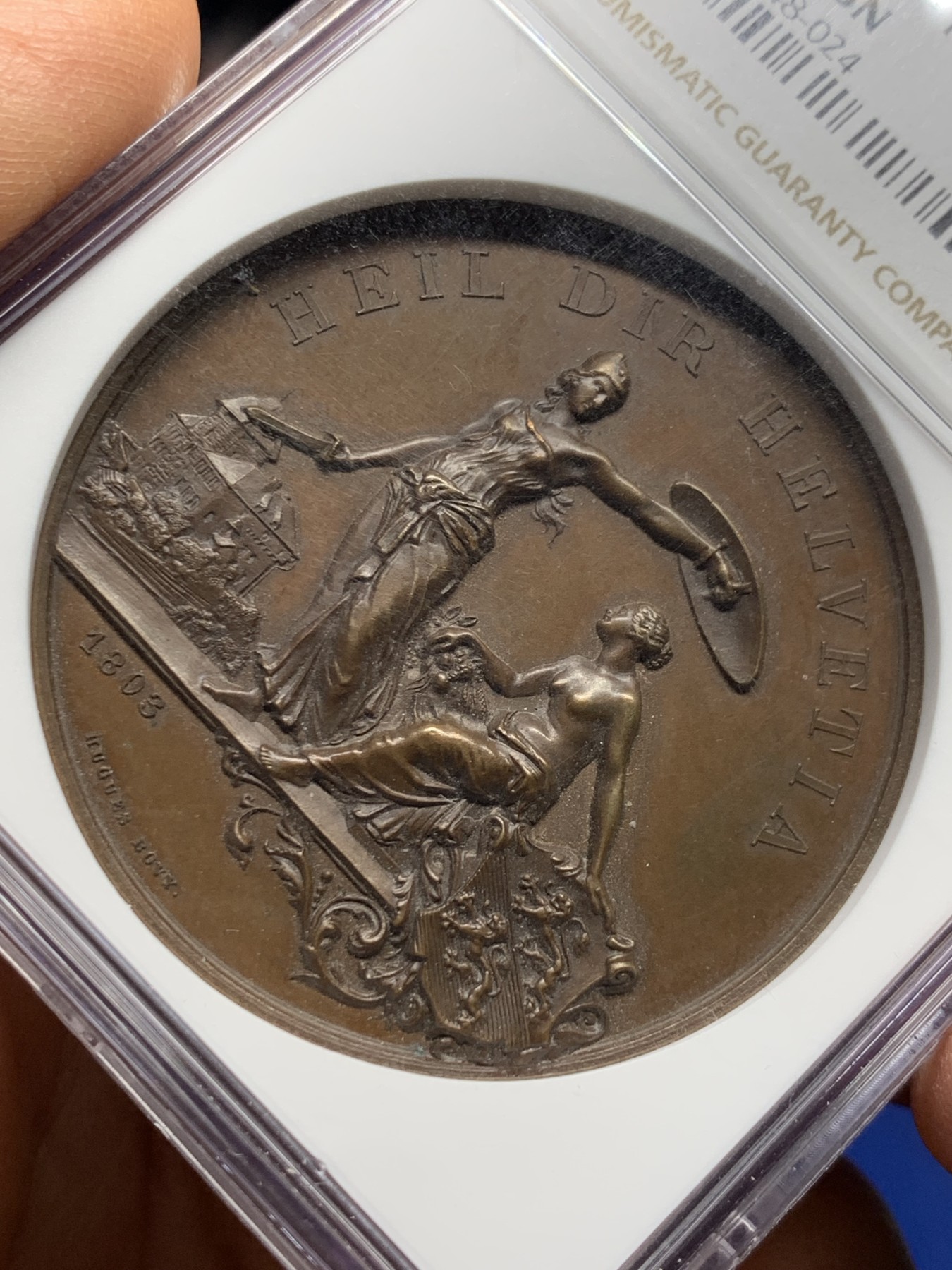 《竞宝斋》第232场-周日，周一 2场 (全场包邮) NGC MS63BN 1890年瑞士弗劳恩菲尔德射击节 美女与野兽高浮雕铜章 热门经典 细节极好 加厚盒子